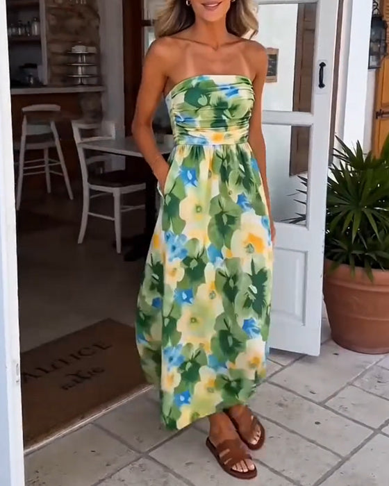 Kleid Blumen Trägerlos Taille A-Linie