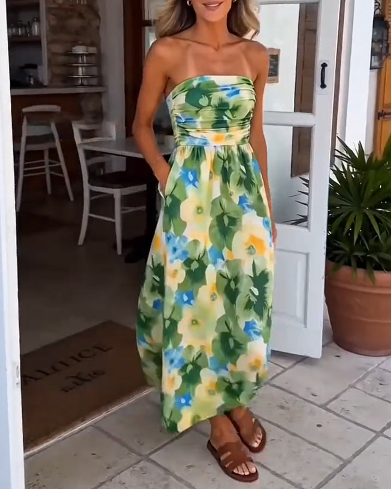 Kleid Blumen Trägerlos Taille A-Linie