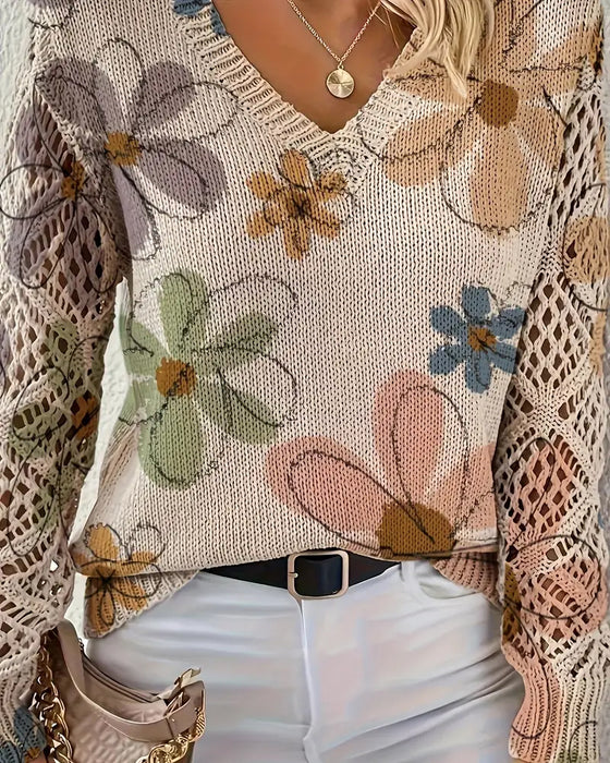 V-Ausschnitt Lochmuster-Strickpullover