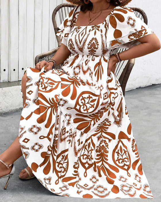 Kleid Blau Porzellan Quadratischer Ausschnitt Druck Maxi