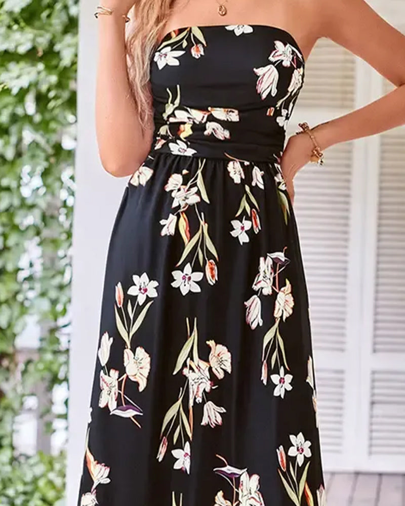 Kleid Blumen Trägerlos Taille A-Linie