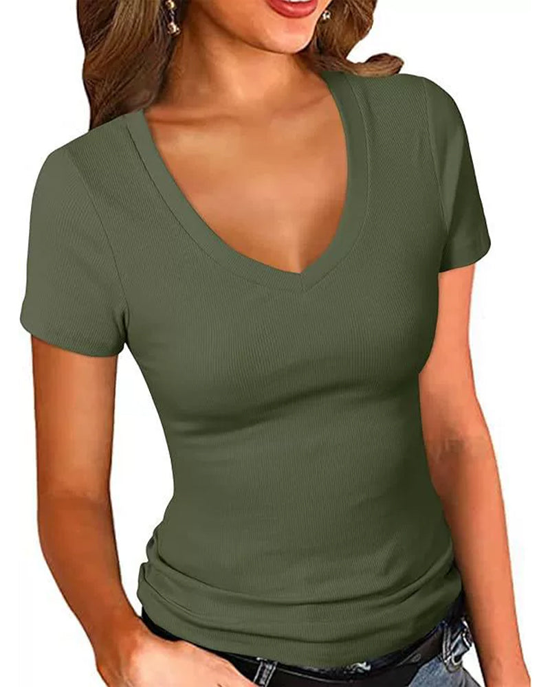 T-Shirt Gerippt Slim Fit V-Ausschnitt Kurzarm