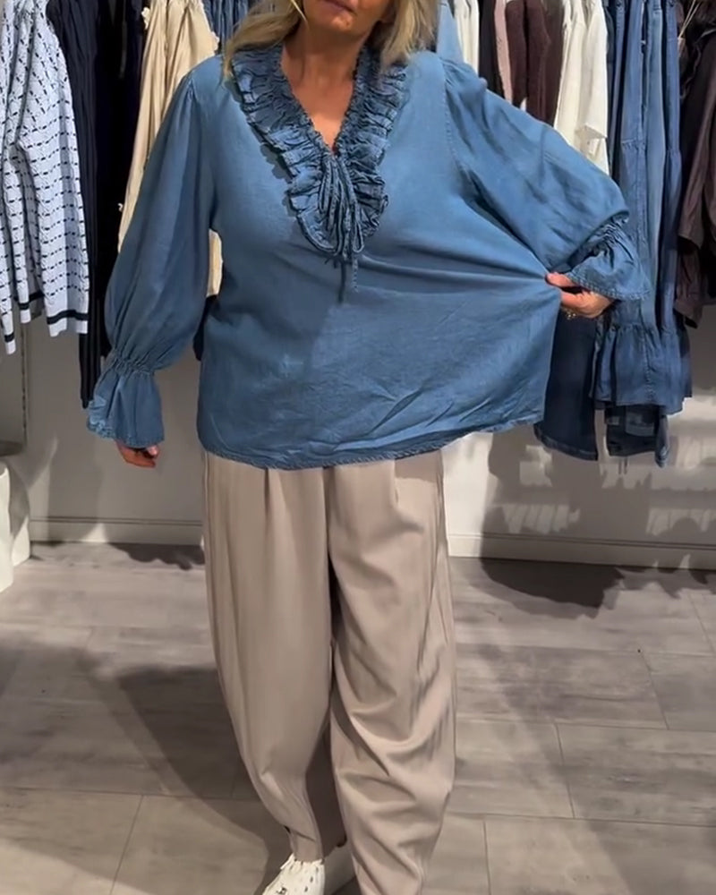 Bluse Rüsche Besatz Binden Denim
