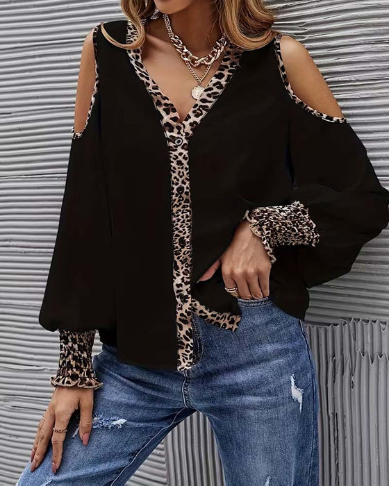 Bluse Off-Shoulder Leopard Patchwork Langarm