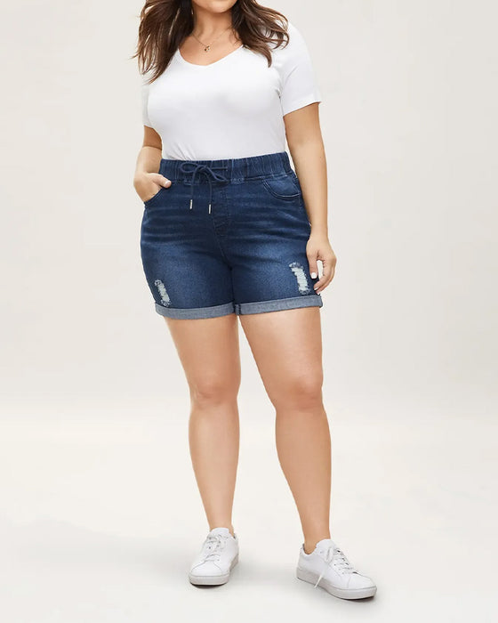 Shorts Elastische Taille Zerrissene Jeans