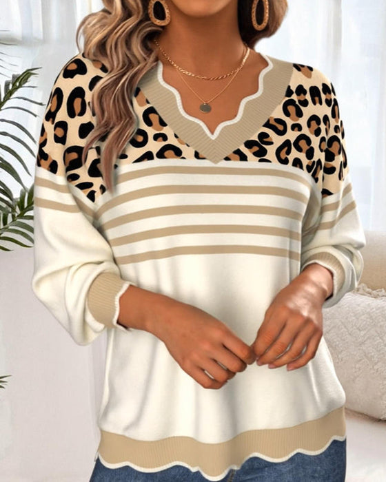 Pullover V-Ausschnitt Leopardenprint Kontrast