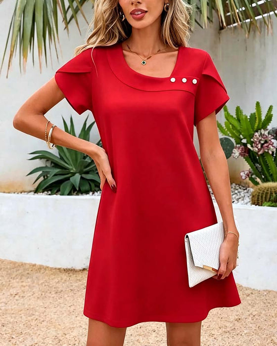 Kleid Asymmetrischer Ausschnitt Knopf Kurzarm Unifarben