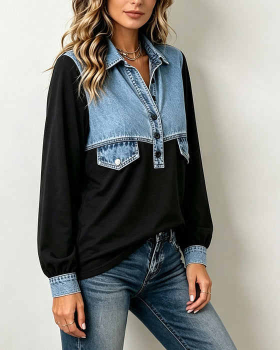 Sweatshirt Hemdkragen Tasche Patchwork