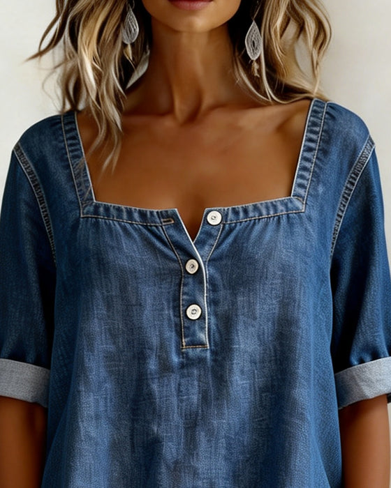Hemd Quadratischer Ausschnitt Denim Halbarm