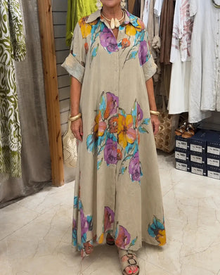 Kleid Aquarell Große Blume Print Revers Lang