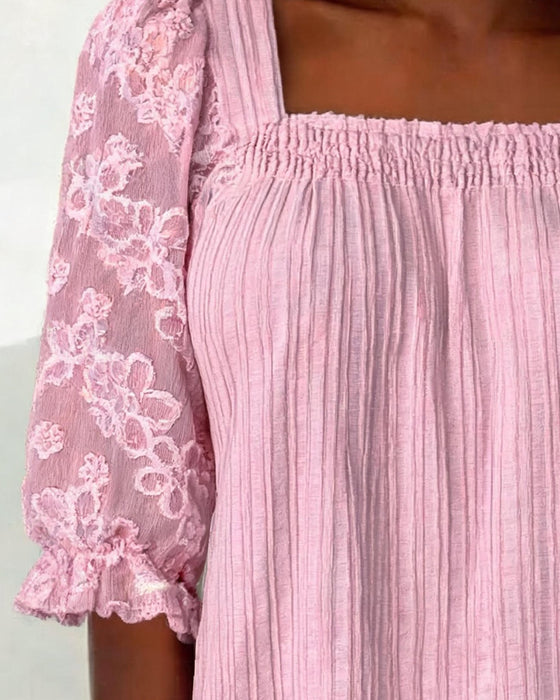 Bluse Locker Quadratischer Ausschnitt Puffärmel Gerafft