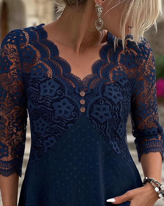 Bluse Spitze Patchwork V-Ausschnitt