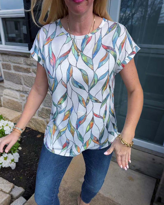 T-Shirt Rundhals Bunte Blätter Print