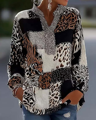 Bluse Mandarin Kragen Leopard Patchwork