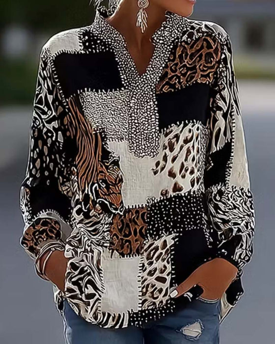 Bluse Mandarin Kragen Leopard Patchwork