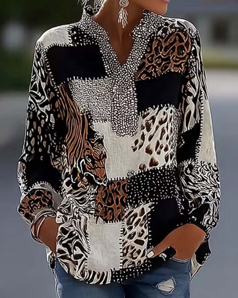 Bluse Mandarin Kragen Leopard Patchwork
