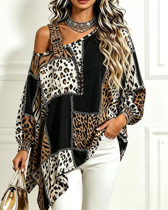 Bluse Leopard Druck Patchwork Asymmetrischer Ausschnitt Langarm