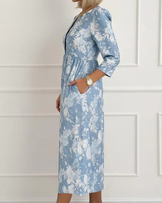 Kleid V-Ausschnitt Knopf Blumen Gerafft