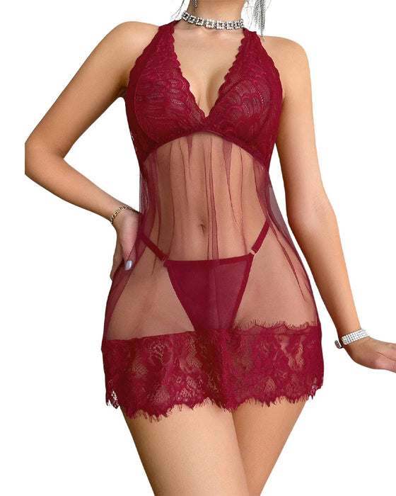 Blumenspitze Halterneck Babydoll Dessouskleid Mit String