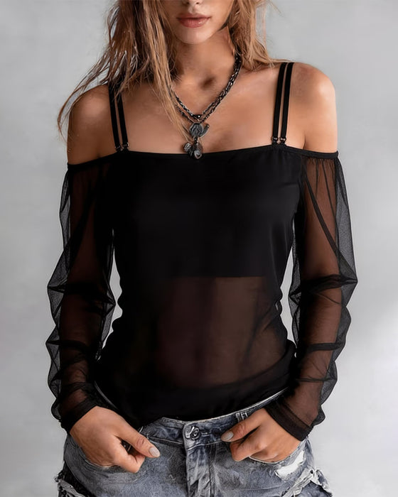 T-Shirt Spaghettiträger Off-Shoulder Sheer