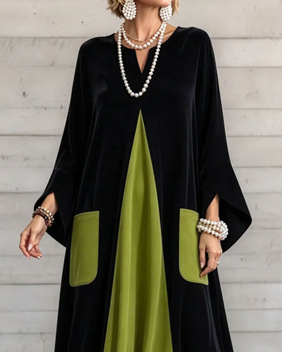 Kleid V-Ausschnitt Farbblock Maxi