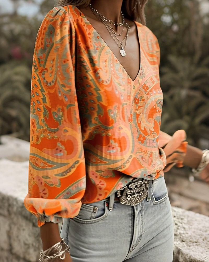 Bluse Gemustert V-Ausschnitt Puffärmel