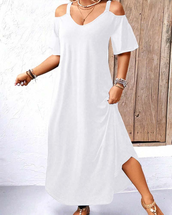Kleid Einfarbig V-Ausschnitt Off-Shoulder Lang