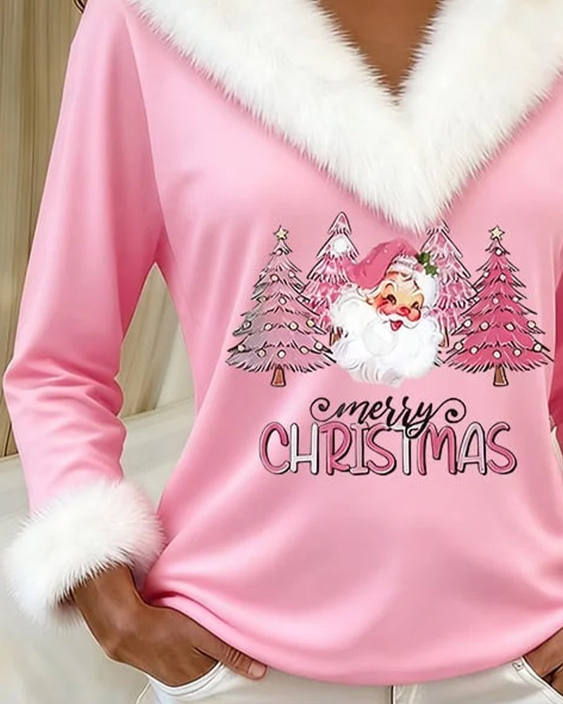 Top mit großem Pelzkragen und Druck