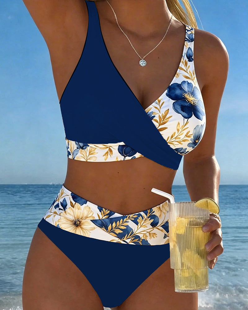 Bikini Blumig Farbblock Patchwork