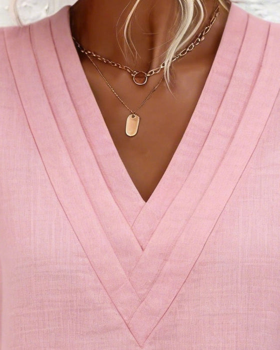 Kleid V-Ausschnitt Kurzärmelig Baumwolle Und Leinen Gerade