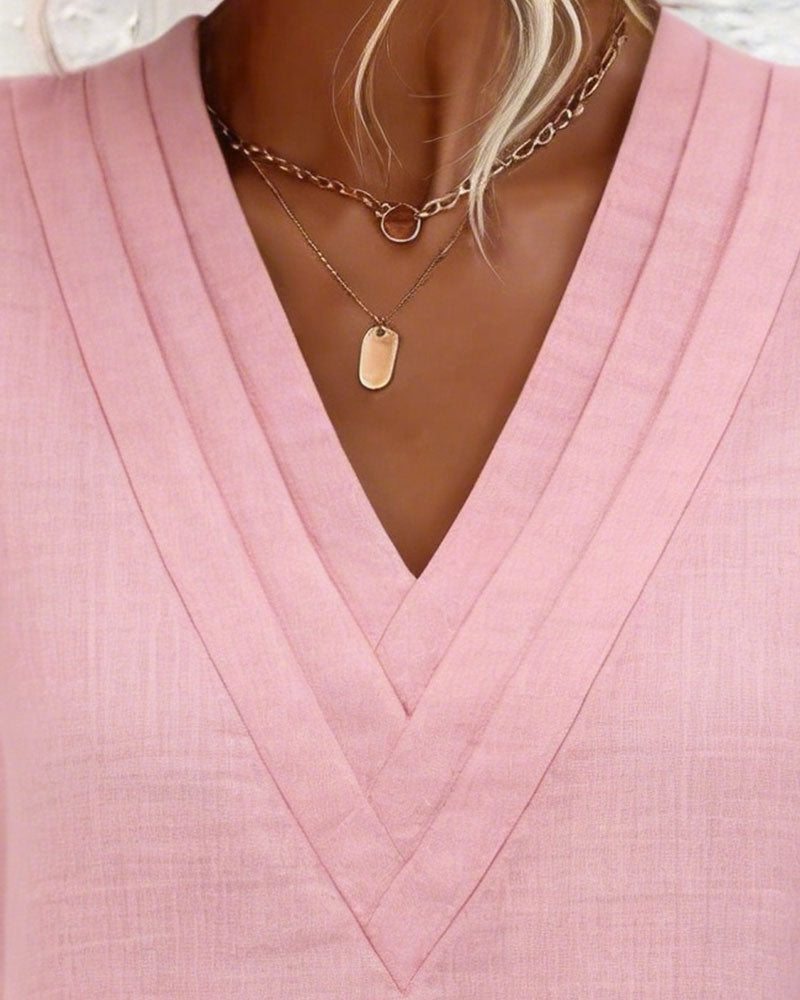 Kleid V-Ausschnitt Kurzärmelig Baumwolle Und Leinen Gerade