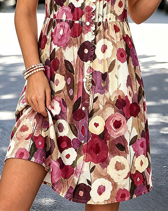 Kleid V-Ausschnitt Knopf Puffärmel