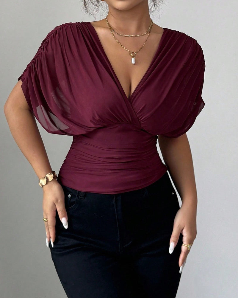 Bluse Uni Farbe Tiefer V-Ausschnitt Taille Kurzarm