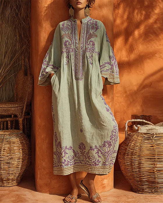 Kleid V-Ausschnitt Ethno-Print Loose Fit