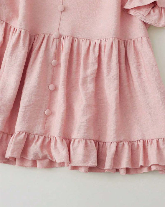 Bluse V-Ausschnitt Rüsche Perle Knopf