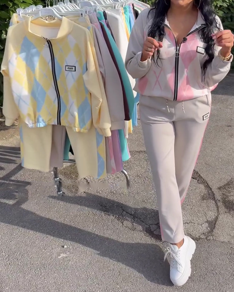 Zweiteiler kariert Oberteil mit Reißverschluss und Hose