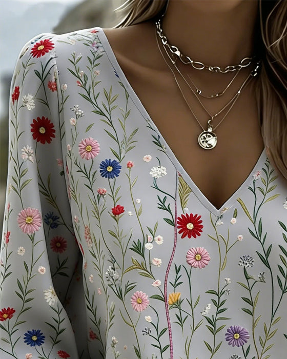 Bluse Blumendruck Puffarm V-Ausschnitt