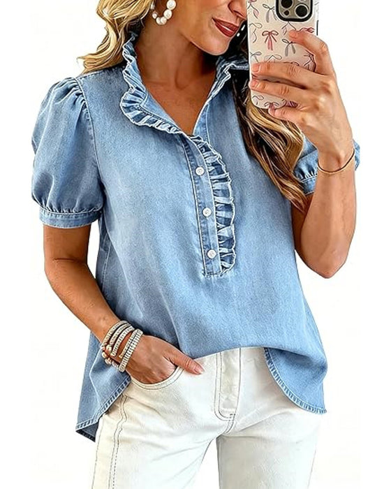 Bluse Knopf Hoch Rüsche Denim