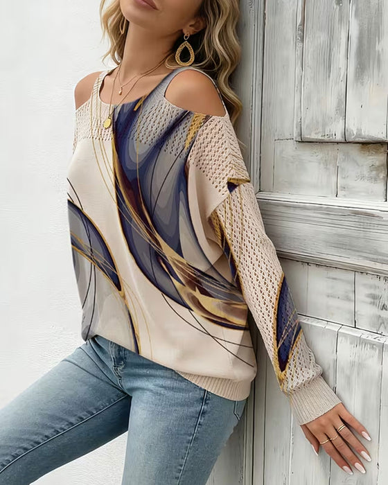 Pullover Stilvoll Druck Ausgeschnitten Off-Shoulder
