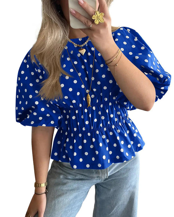 Bluse Pünktchen Off-Shoulder Tailliert Blasenärmel