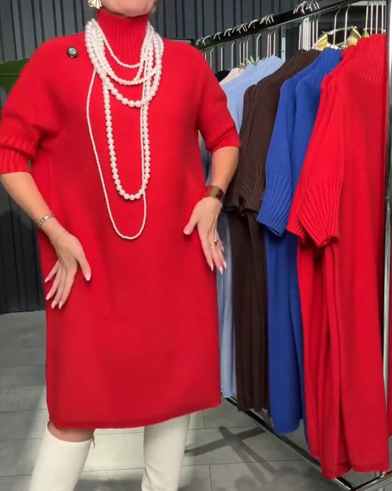 Kleid Hoher Ausschnitt Halblanger Ärmel Gerade Gestrickt
