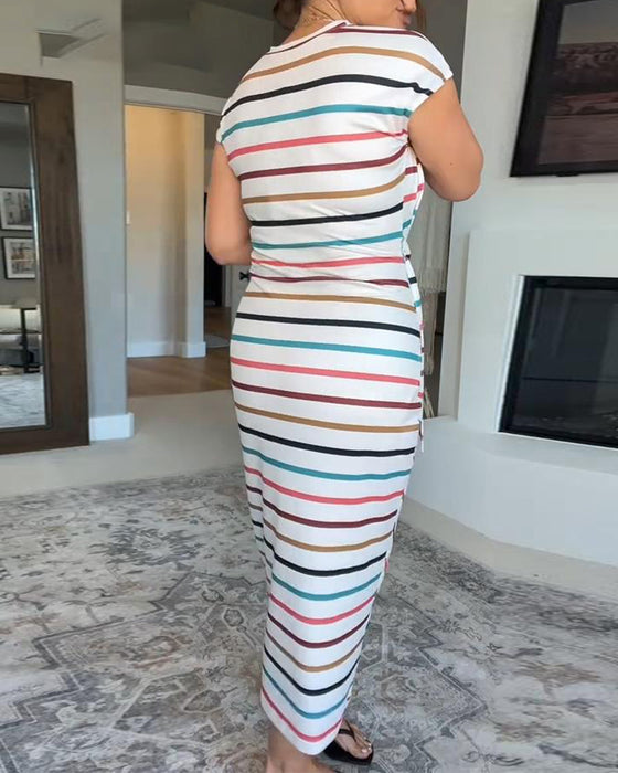 Kleid Lässig Bunt Gestreift Taillengürtel