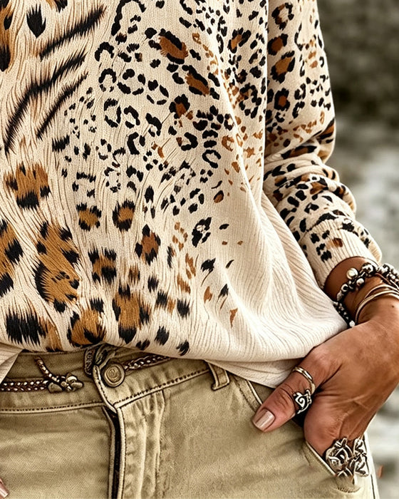 Bluse Rundhals Leopard Langarm