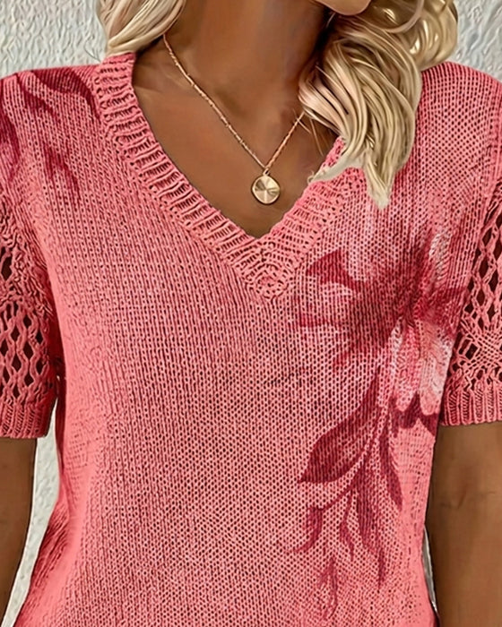 Pullover V-Ausschnitt Gestrickt Geblümt