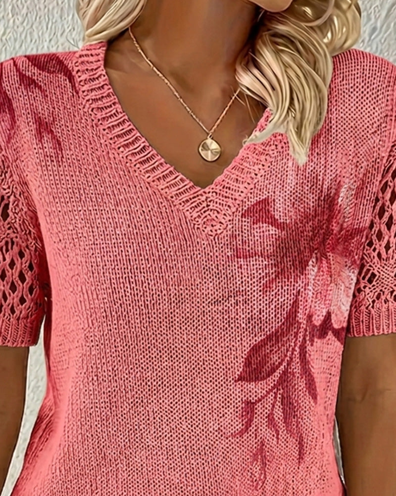 Pullover V-Ausschnitt Gestrickt Geblümt