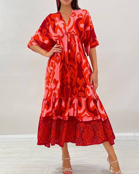 Kleid V-Ausschnitt Blumen Print A-Linie