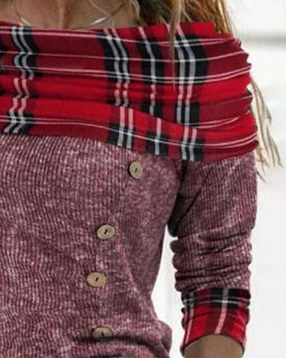 Oberteil Off-Shoulder Drapierter Ausschnitt Langarm Karo Kontrast