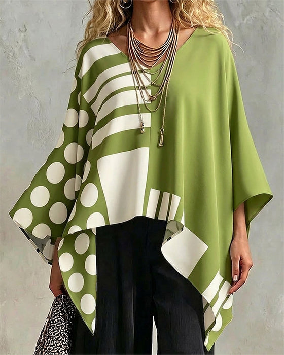 Bluse Polka Dot Streifen Patchwork V Ausschnitt