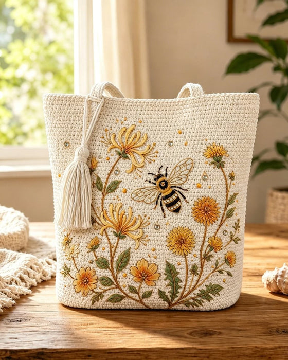 Tasche Handgefertigt Gehäkelt Biene Bestickt Tote