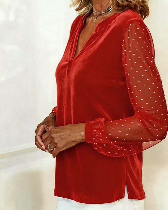 Langärmliges Top aus Samt mit V-Ausschnitt